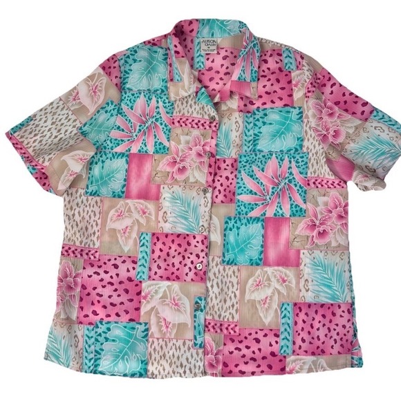 Allison Daley Tops - Allison Daley Button Front Blouse Women 16 Pink Tropical‎ Patchwork Short Sleeve